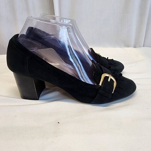 Adrienne Vittadini Black Suede Ginty Pumps Size 7.5 Block Heel Loafer Buckle - Picture 3 of 11